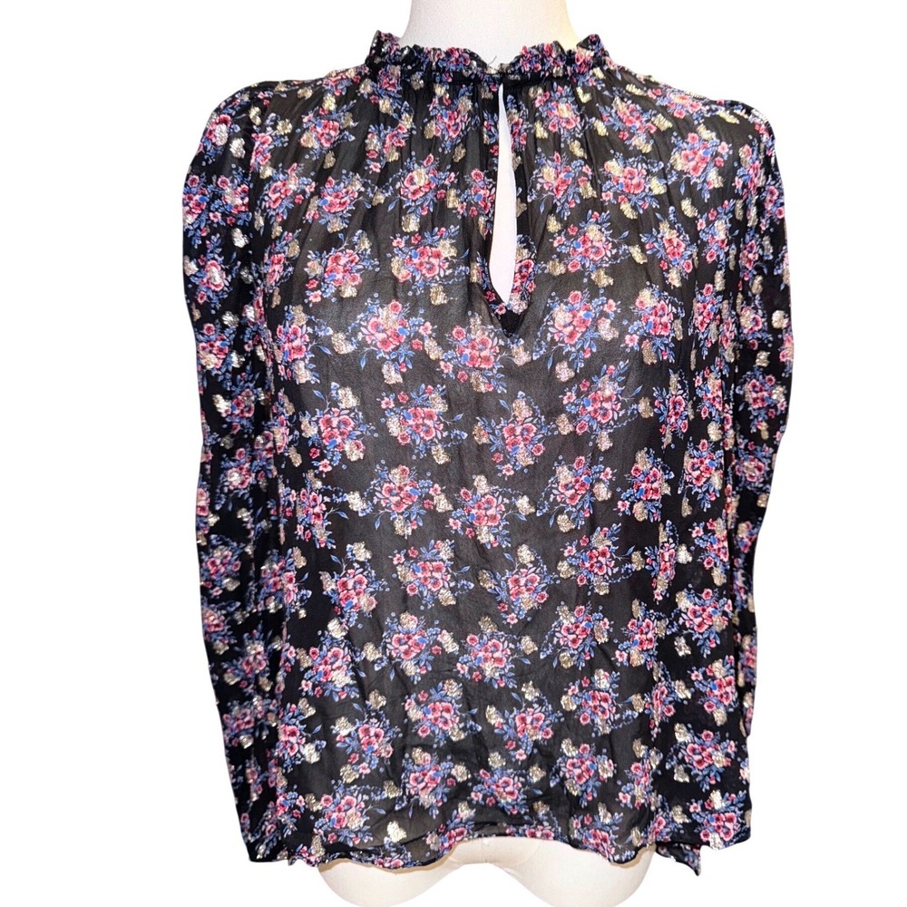 Shoshanna Black Purple Metallic Floral Mock Neck Keyhole Blouse Top Size Medium